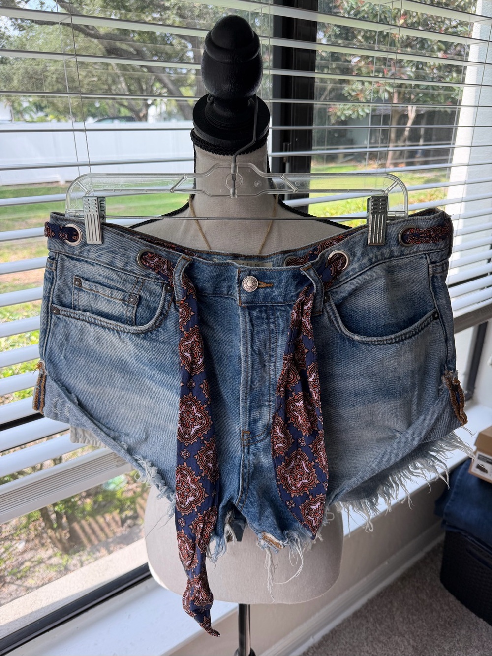 We The Free Light Blue Denim Shorts with Paisley Tie Detail